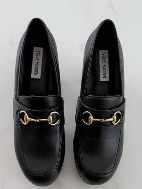 Steve Madden Black Leather Loafers with Gold Horsebit Detail
